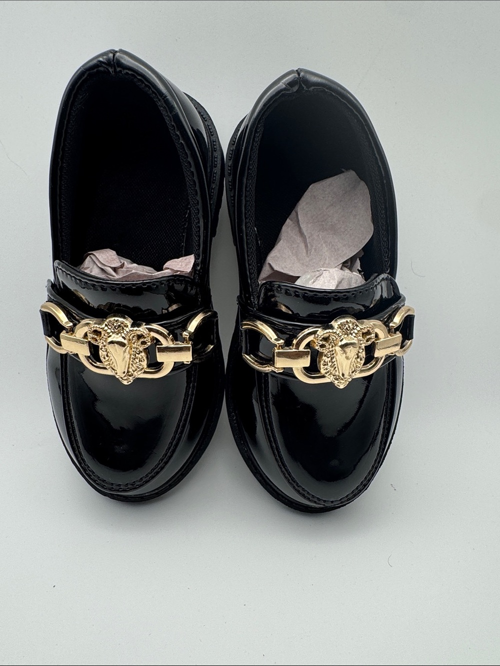 Kids Black Patent Dress Loafers with Gold Accent